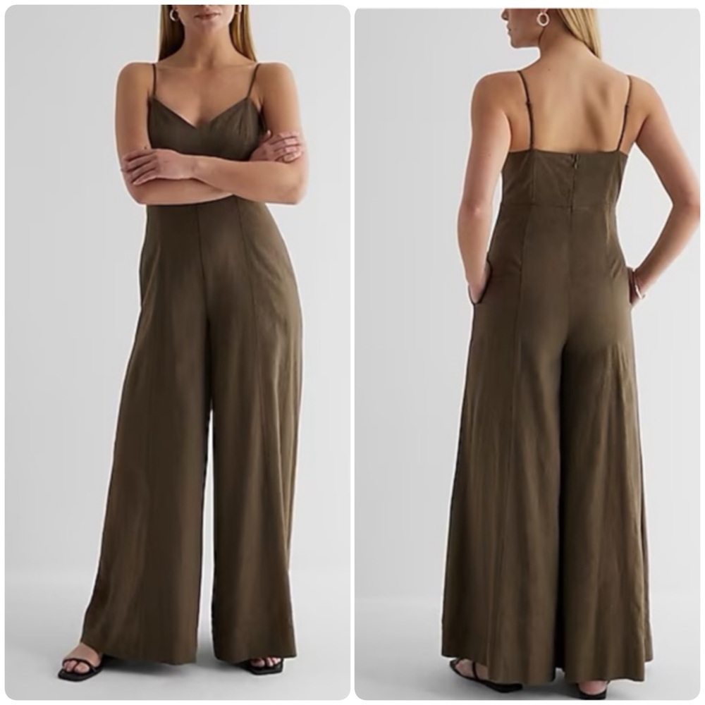 Express Linen Blend Green Wide Leg Jumpsuit w/ Pockets XS